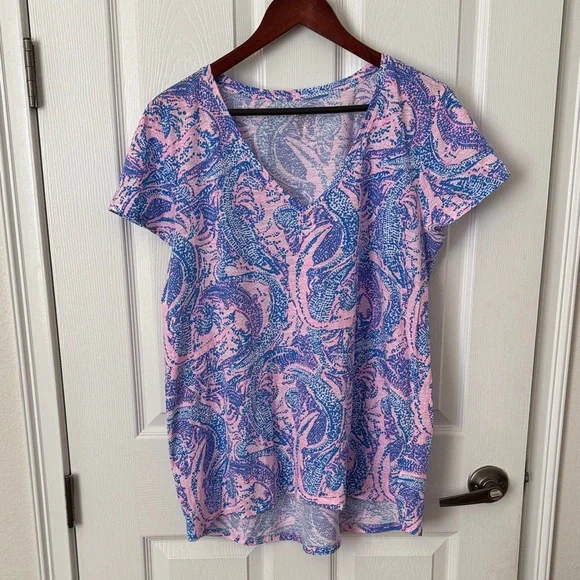 Lilly Pulitzer Coastal Blue Maybe Gator Etta V-Neck Top - Size XL - Picture 2 of 12